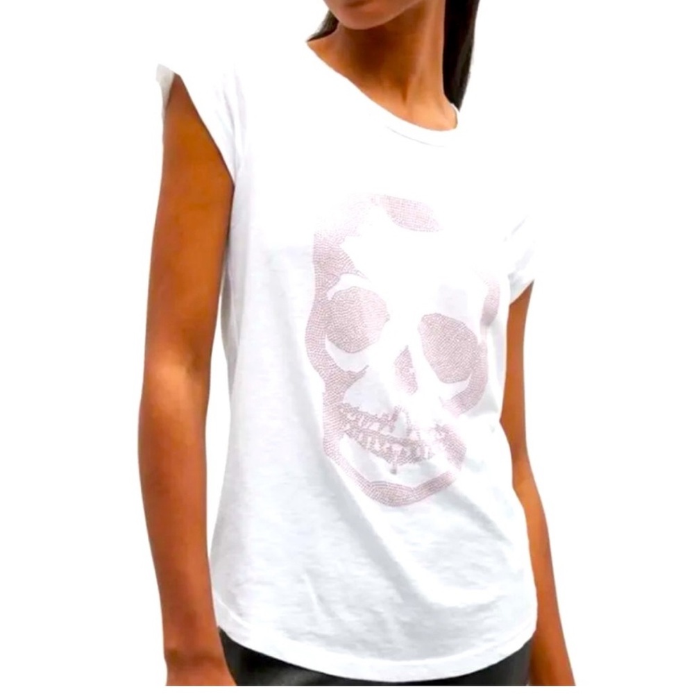 Zadig & Voltaire Skinny Skull Strass White & Pink Tee NWOT